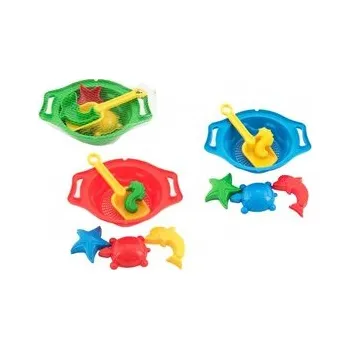 Hračka na písek Sada na písek - sítko 26x21cm, lopatka, 4 bábovky plast 3 barvy v síťce 12m+