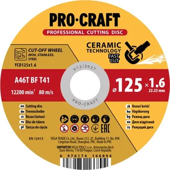 Příslušenství k brusce Keramický řezný kotouč Procraft YСD125x1.6 | YCD125x1.6
