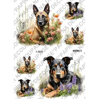 Umělecký papír Rýžový a soft papír na decoupage - Pes s květy - KB02023 Materiál: Soft, Rozměr: A4