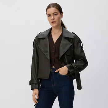 Dámský kabát Reserved - Krátká bunda s páskem - zelená - ZR317-87X - ZR317-87X-L