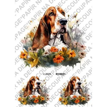 Umělecký papír Rýžový a soft papír na decoupage - Pes s květy - KB02025 Materiál: Soft, Rozměr: A4