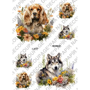 Umělecký papír Rýžový a soft papír na decoupage - Pes s květy - KB02017 Materiál: Soft, Rozměr: A4