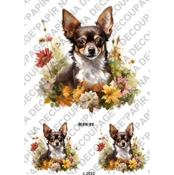 Umělecký papír Rýžový a soft papír na decoupage - Pes s květy - KB02032 Materiál: Soft, Rozměr: A4