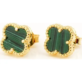 Náušnice Stříbrné zlacené náušnice pecičky čtyřlístky s malachity 80715MF