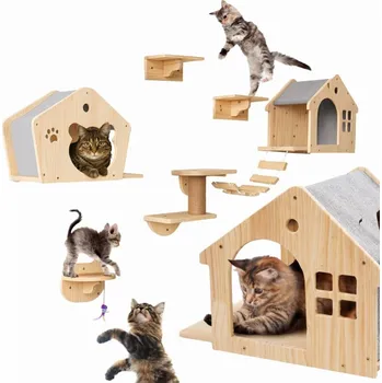 STYLO Nástěnný pelíšek pro kočky se škrabadlem a mostkem 5D béžová