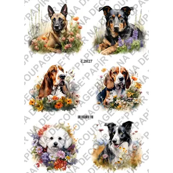 Umělecký papír Rýžový a soft papír na decoupage - Pes s květy - KB02027 Materiál: Soft, Rozměr: A4