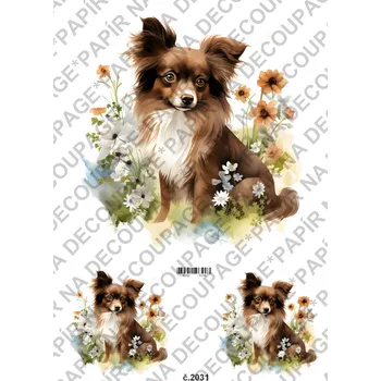 Umělecký papír Rýžový a soft papír na decoupage - Pes s květy - KB02031 Materiál: Soft, Rozměr: A4