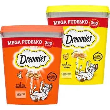 Krmivo pro kočku DREAMIES Mega Box 2x350g – doplňkové krmivo pro dospělé kočky s lahodným kuřecím masem / s lahodným sýrem