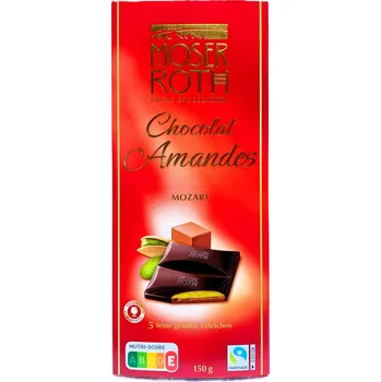 Čokoláda Moser Roth Chocolat Amandes Mozart - jemná hořká a mléčná čokoláda s pistáciovým marcipánem a nugátovou náplní - 150 g