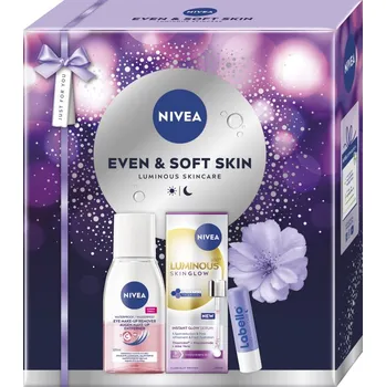 Pleťové sérum Nivea Even & Smooth NIVEA Face Cleansing dvoufázový odličovač očního make-upu 125 ml + NIVEA Luminous 630 Skin Glow rozjasňující pleťové sérum 30 ml + Labello Over Night Care regenerační balzám na rty s levandulí 4.8 g