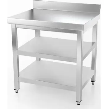 Dílenský stůl DASgastro Nerezový pracovní stůl s dvěma policemi a zadním lemem - 600 x 700 mm