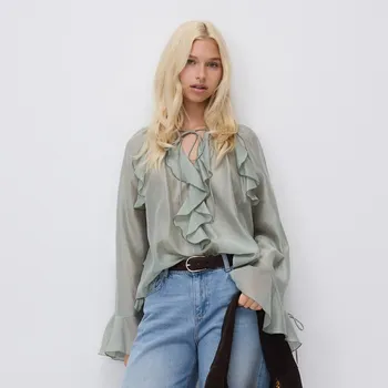 Dámské tričko Reserved - Volánová halenka - světle tyrkysová - 758HF-60X - 758HF-60X-XS