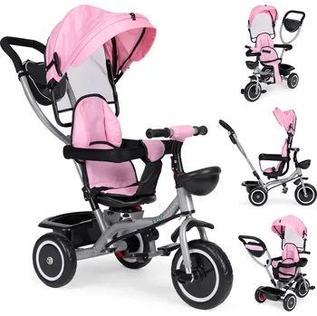 Dětská tříkolka ecotoys Trojkolový kočárek 2v1 otočné sedadlo skládací stříška růžová - ECOTOYS