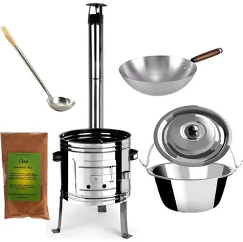 Kempingové nádobí Nerezový kotlík 10 L (0,8 mm) + nerezová kotlina 31 INOX + čínský Wok 32 cm + čínský koření 50 g