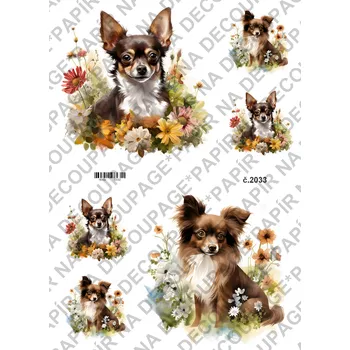 Umělecký papír Rýžový a soft papír na decoupage - Pes s květy - KB02033 Materiál: Soft, Rozměr: A4