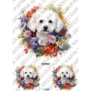 Umělecký papír Rýžový a soft papír na decoupage - Pes s květy - KB02029 Materiál: Soft, Rozměr: A4