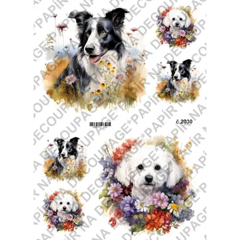 Umělecký papír Rýžový a soft papír na decoupage - Pes s květy - KB02030 Materiál: Soft, Rozměr: A4