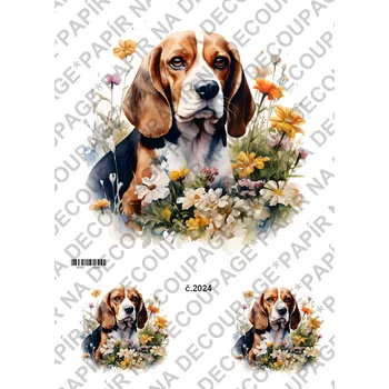 Umělecký papír Rýžový a soft papír na decoupage - Pes s květy - KB02024 Materiál: Soft, Rozměr: A4