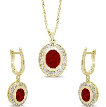 Souprava šperků SET 0060-2 Pozlacený set šperků – náušnice a řetízek s červeným zirkonem