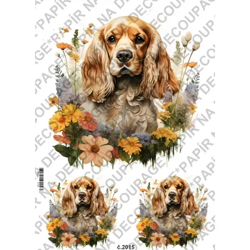Umělecký papír Rýžový a soft papír na decoupage - Pes s květy - KB02015 Materiál: Soft, Rozměr: A4