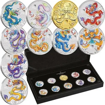 Lunární série III. - sada 10 x 1/2 Oz stříbrných mincí Year of the Dragon (Rok draka) 2024 (Color and Gilded)