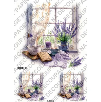 Umělecký papír Rýžový a soft papír na decoupage - Okno s levandulí - KB02053 Materiál: Soft, Rozměr: A4