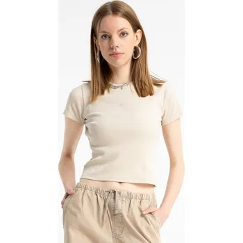 Reporter Young | Dívčí krémový CROP TOP z žebrované pleteniny s výšivkou „Revolt“ - Barva KRÉMOVÁ, Velikost 158 253-0440G-05-230-1