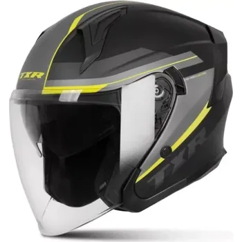 Helma na motorku Otevřená helma na motorku/skútr TXR City černo-šedo-fluo žlutá matná, se sluneční clonou