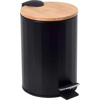 Odpadkový koš Odpadkový koš kulatý s pedálem RADO 3L – černý – kovový se dřevěným víkem – BISK 01-08421