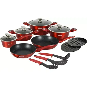 Sada nádobí Herzberg Cooking Herzberg HG-METRD15: 15dílná sada nádobí s mramorovým povrchem - červená