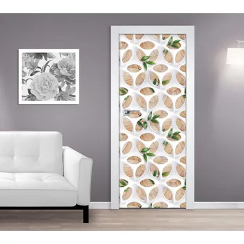 Fototapeta Samolepící fototapeta na dveře - Mřížka na dřevě se zelenými listy