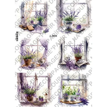 Umělecký papír Rýžový a soft papír na decoupage - Okno s levandulí - KB02059 Materiál: Soft, Rozměr: A4
