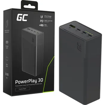 Powerbanka *GC PBGC30B Green Cell PowerPlay 30 – černá powerbanka 30 000 mAh, 22,5 W, 4 porty (Díky výkonu 22,5 W se zařízení nabíjejí rychle, zatímco pevný kryt zajišťuje bezpečnost a dlouhou životnost powerbanky. Tři porty USB-C a jeden USB-A umožňují současné)