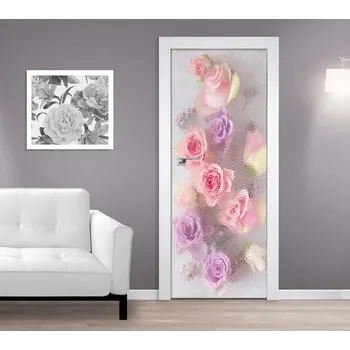 Fototapeta Samolepící fototapeta na dveře - Růže za oroseným sklem