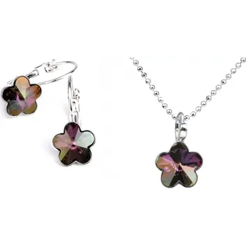 Souprava šperků Swarovski Elements Flower - Stříbrná sada (set, souprava) náušnice a přívěsek s řetízkem fialová kytička, květinka 39092.3 Lilac Shadow (fialová, vínová, bordó, růžovo zlatá, duhová)