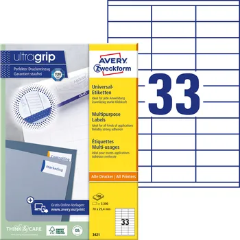 Samolepící etiketa AVERY ZWECKFORM 70x25,4 mm, 33 etiket 100 listů, Univerzální etikety A4, bílé