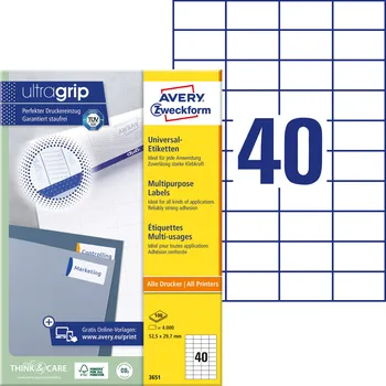 Samolepící etiketa AVERY ZWEVKFORM QuickPEEL 52,5x29,7mm, 40 etiket, 100 listů, Univerzální etikety A4, bílé