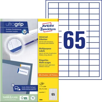 Speciální papír AVERY ZWECKFORM QuickPEEL 38x21.2mm, 65 etiket, 100 listů, Univerzální etikety A4, bílé