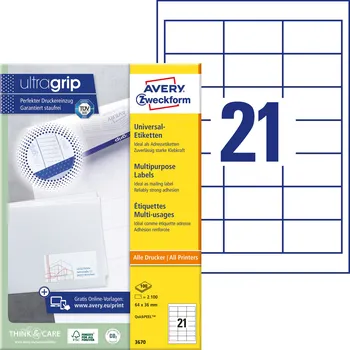 Samolepící etiketa AVERY ZWECKFORM QuickPEEL 64x36mm, 21 etiket, 100 listů, Univerzální etikety A4, bílé