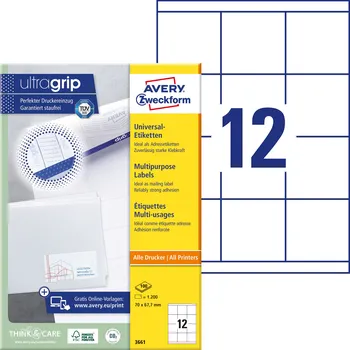 Kancelář AVERY ZWECKFORM 70x67,7 mm, 12 etiket, 100 listů, Univerzální etikety A4, bílé