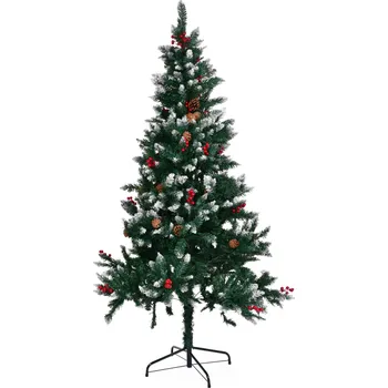 Vánoční stromek ZASNĚŽENÝ SMRK S HLOHEM | 150 cm umělý stromek se stojanem | šišky, bobule & sněhový efekt Dedra