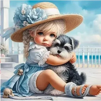 Diamantové malování Diamantové malování/Homfun - Dívenka v klobouku a pejsek + perleťové kamínky