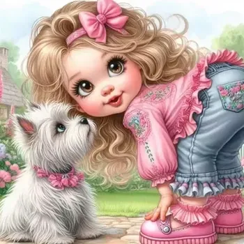 Diamantové malování Diamantové malování/Homfun - Slečinka a bílý pejsek + perleťové kamínky