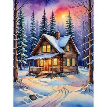 Diamantové malování Diamantové malování/Homfun - Horská chata v zimě + perleťové kamínky