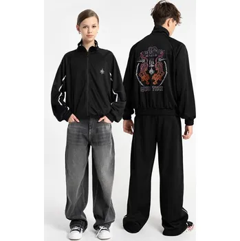 Dívčí mikina Reporter Young | Dívčí černá mikina bez kapuce na zip s potiskem „MUAY THAI“ – dva tygři a thajské ornamenty - Barva ČERNÁ, Velikost 170 253-0554B-32-100-1