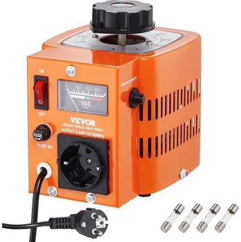 Transformátor VEVOR 500VA transformátor s automatickou regulací napětí, 1,7 A, vstup 230 V, výstup 0-300 V, regulátor střídavého napětí, napájecí zdroj, se 4 extra pojistkami, tepelný spínač pro domácí, průmyslovou a kancelářskou práci, certifikace CE