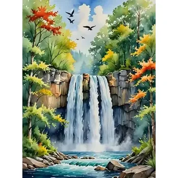 Diamantové malování Diamantové malování/Homfun - Vodopády v lese + perleťové kamínky