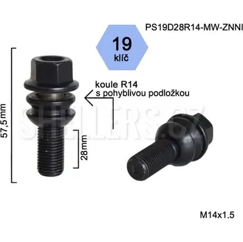 Šroubek na kolo Kolový šroub M14x1,5x26 kulová R14 pohyblivá, klíč 19, PS19D26R14-MW-BLACK výška 56,5 mm