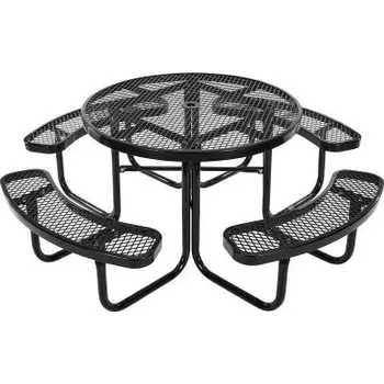 Zahradní stůl VEVOR Odolný piknikový stůl, venkovní nábytek, odolný proti povětrnostním vlivům, jídelní sada na terasu, potažené ocelové stoly s otvorem pro slunečník, kulatý stůl a lavice 46", do zahrady, na dvůr, na verandu (černý)