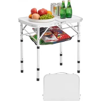 Zahradní stůl Skládací kempingový stůl VEVOR, přenosné boční stolky s nastavitelnou výškou, plážový stůl z hliníku a MDF se síťovanou vrstvou, rukojeť pro přenášení, lehký a kompaktní pro venkovní piknik a grilování, 24x16 palců, stříbrný